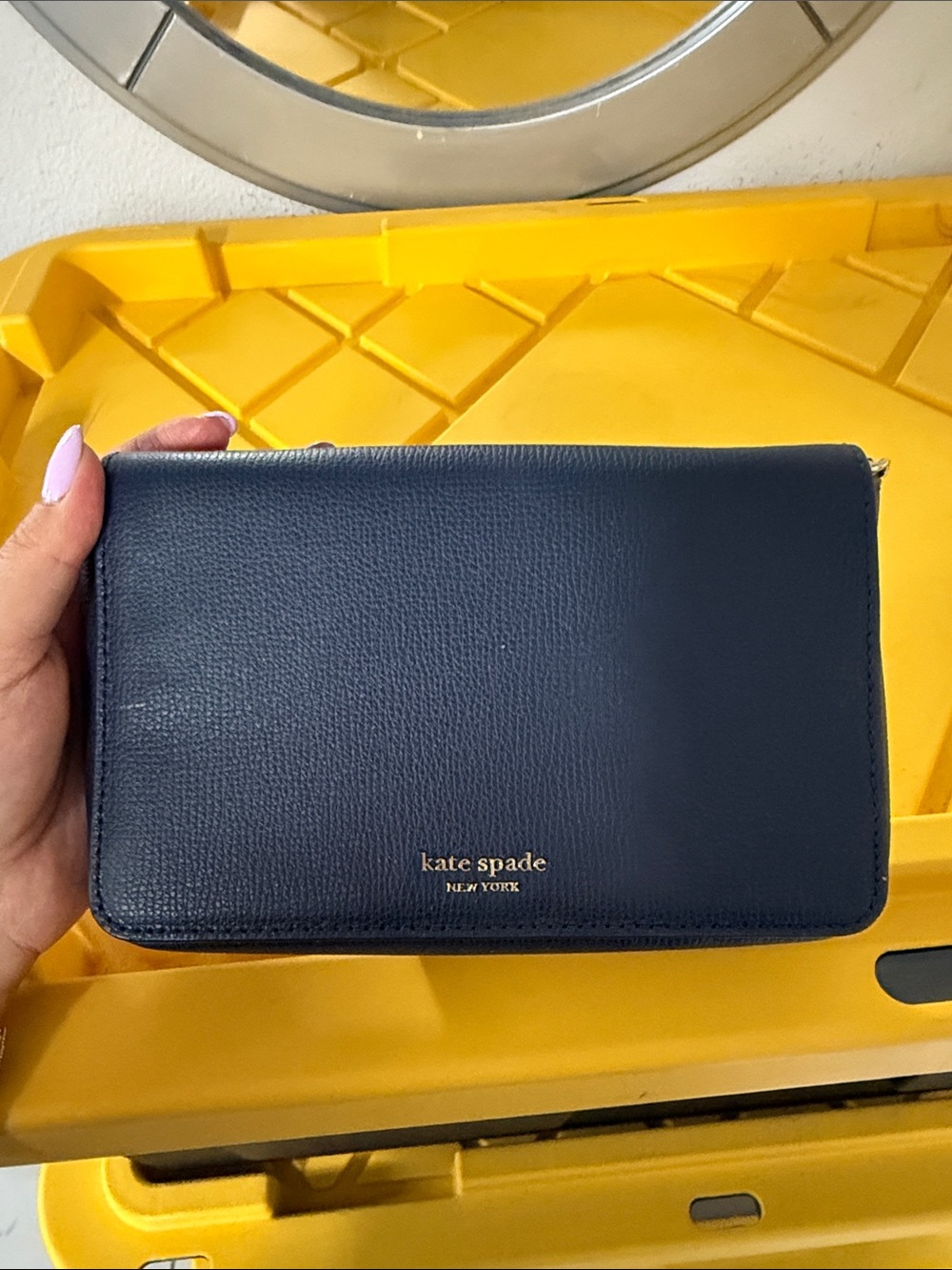kate spade Navy Pebbled Leather Zip Wallet with Gold Logo